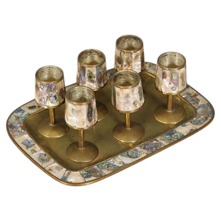 Vintage Mexican Modernist Abalone & Brass Cordial Shot Set
