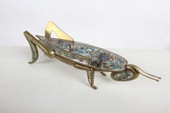 Vintage Mexican Modernist Brass & Tessellated Abalone Grasshopper Lidded Dish