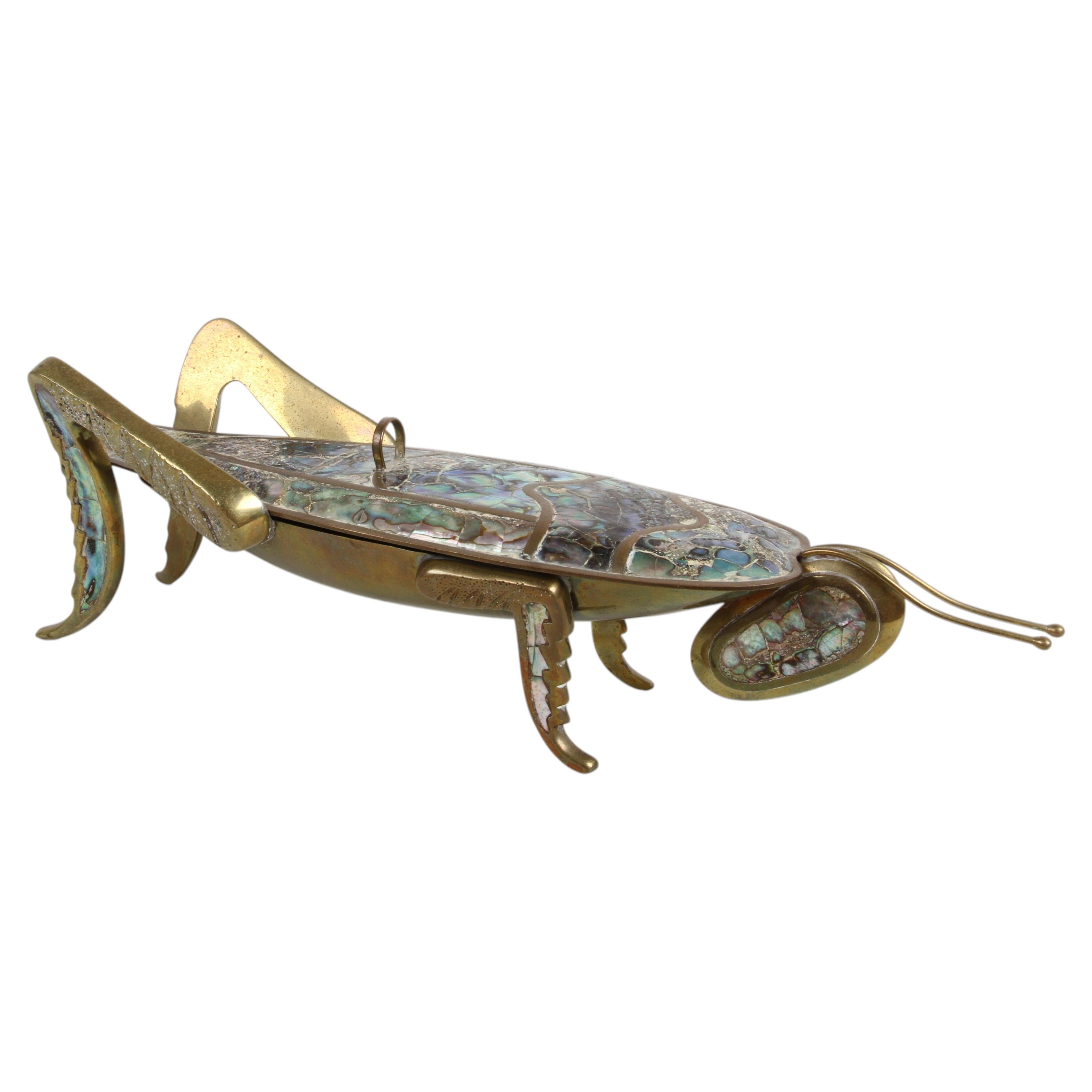 Vintage Mexican Modernist Brass & Tessellated Abalone Grasshopper Lidded Dish For Sale