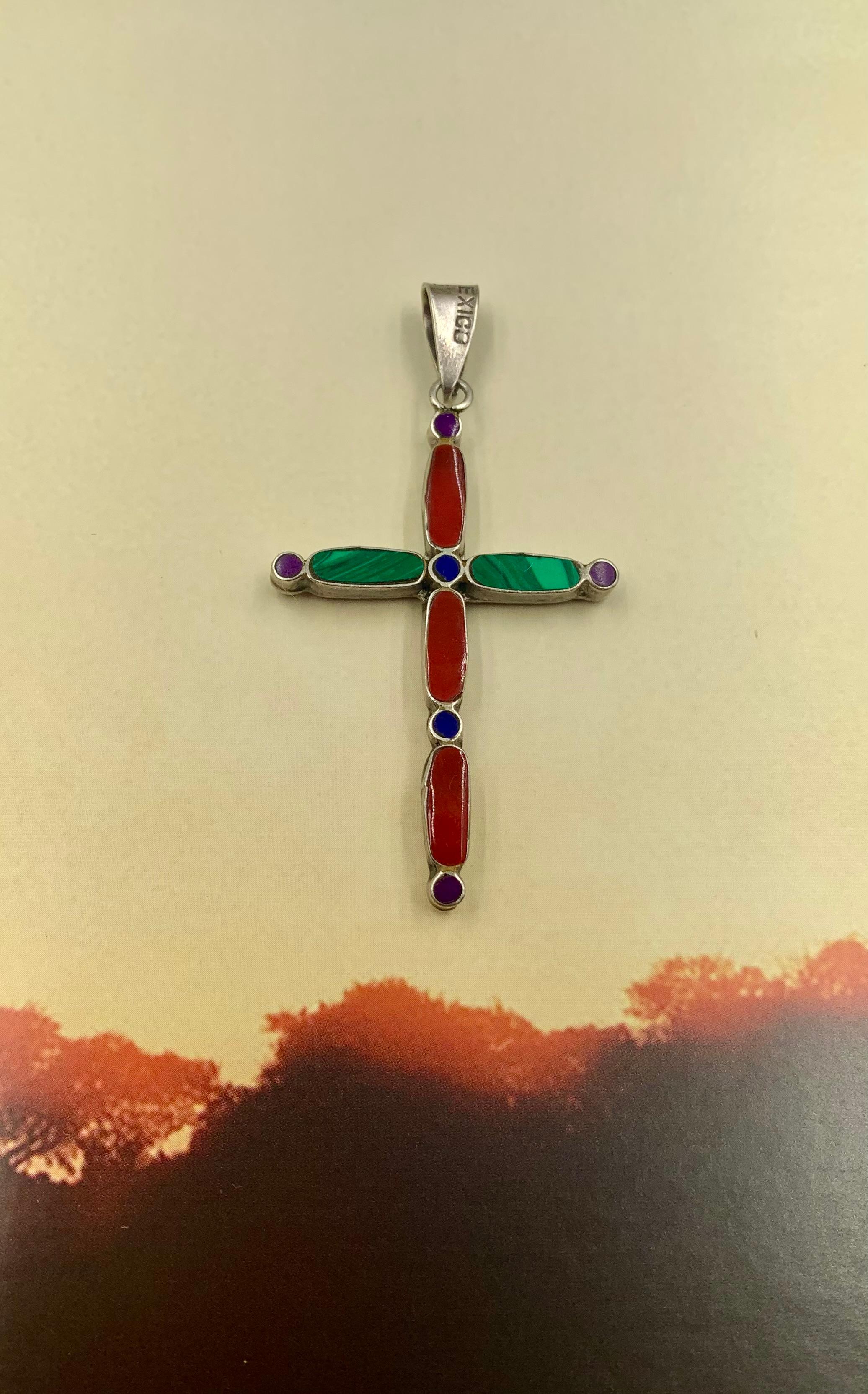 Mid-Century Modern Vintage Mexican Modernist Sterling Silver Malachite Carnelian Lapis Lazuli Cross For Sale