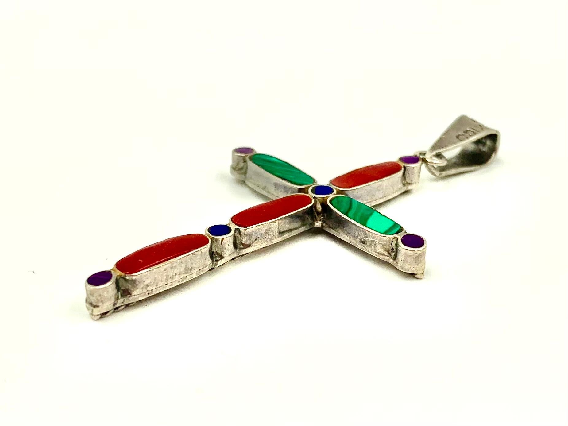 Inlay Vintage Mexican Modernist Sterling Silver Malachite Carnelian Lapis Lazuli Cross For Sale