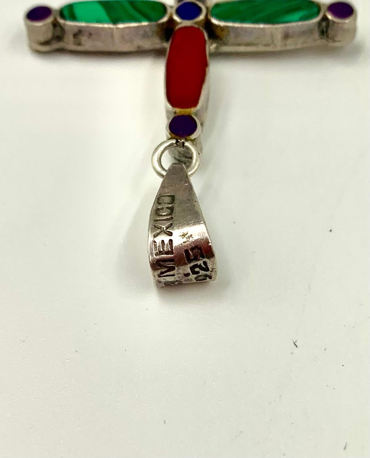 20th Century Vintage Mexican Modernist Sterling Silver Malachite Carnelian Lapis Lazuli Cross For Sale