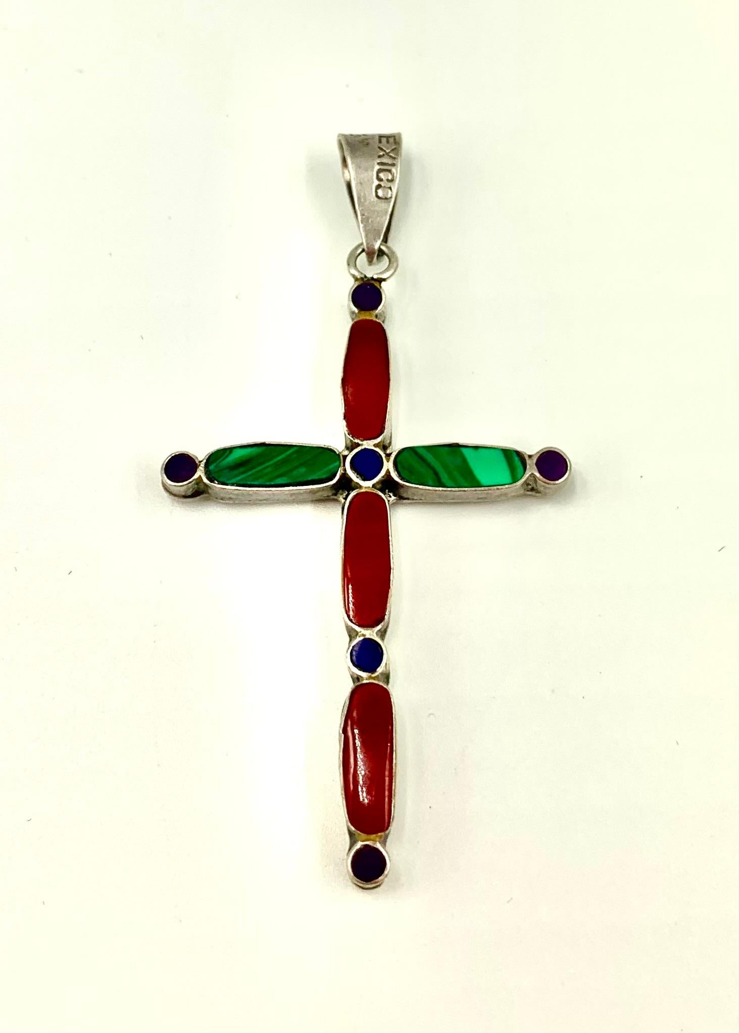 Vintage Mexican Modernist Sterling Silver Malachite Carnelian Lapis Lazuli Cross For Sale 3