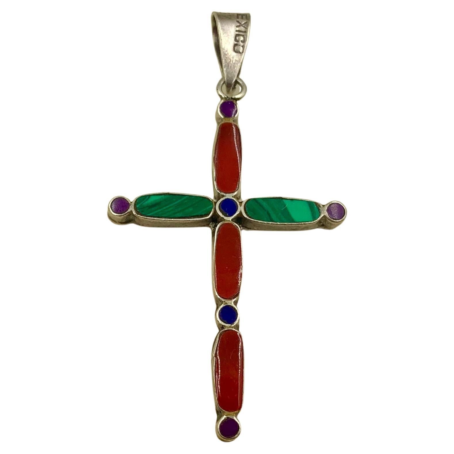 Vintage Mexican Modernist Sterling Silver Malachite Carnelian Lapis Lazuli Cross