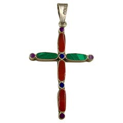 Croix mexicaine moderniste vintage en argent sterling, malachite, cornaline, lapis-lazuli