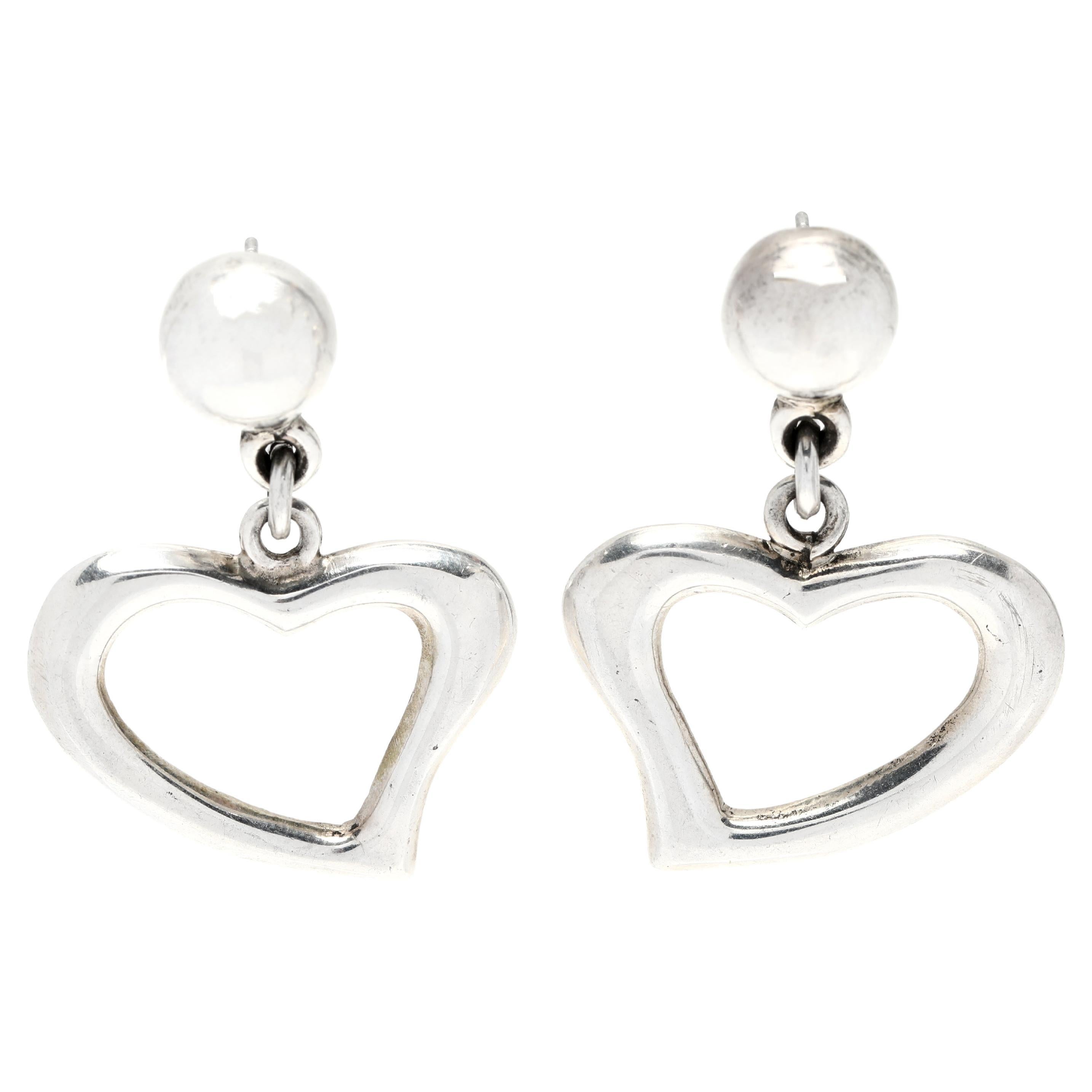 Vintage Mexican Open Heart Dangle Earrings, Sterling Silver