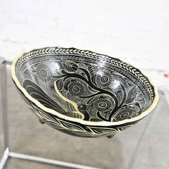 Vintage Mexican Pottery Black & White Fantasia Design Tri-Leg Fluted Bowl