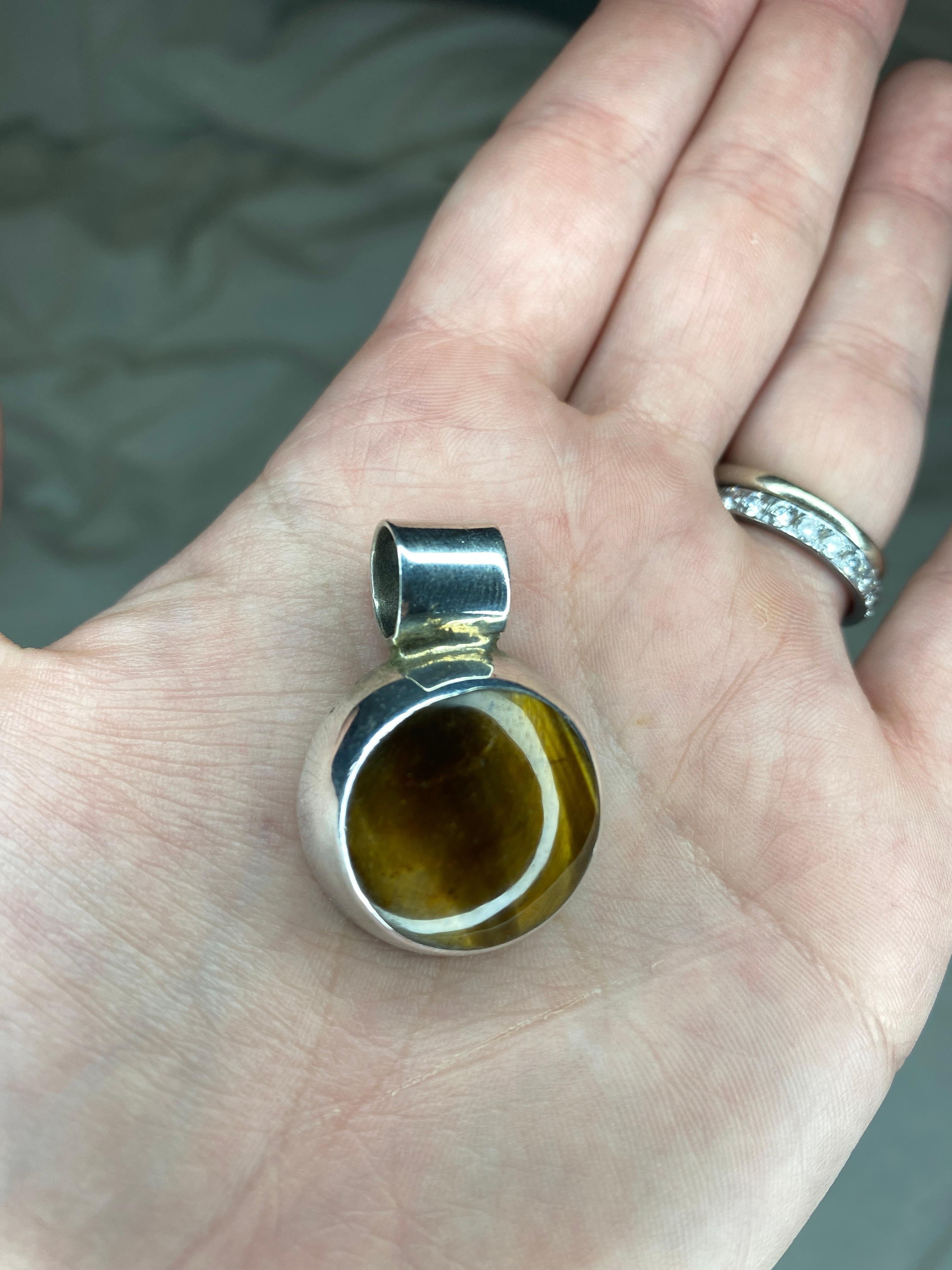 Women's or Men's Vintage Mexican Round Tiger's Eye Pendant, Sterling Silver For Sale