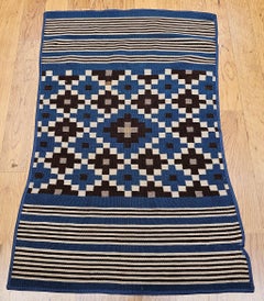Antique Mexican Saltillo Serape Flat-Woven Kilim Blanket with Royal Blue, Ivory