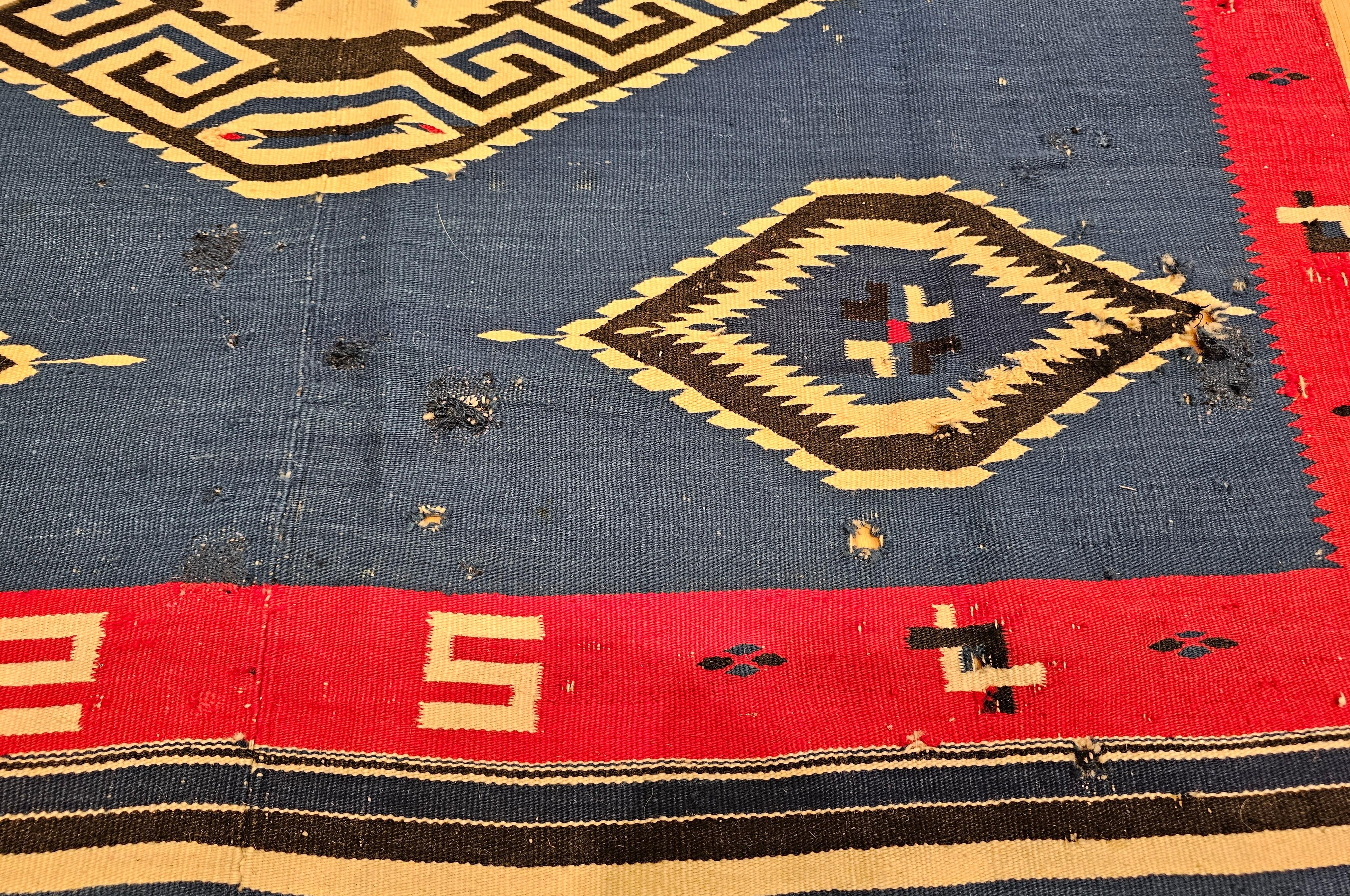 Laine Antique kilim mexicain Saltillo Serape tissé à plat en bleu royal, rouge, ivoire en vente
