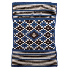 Antique Mexican Saltillo Serape Flat-Woven Kilim Blanket with Royal Blue, Ivory
