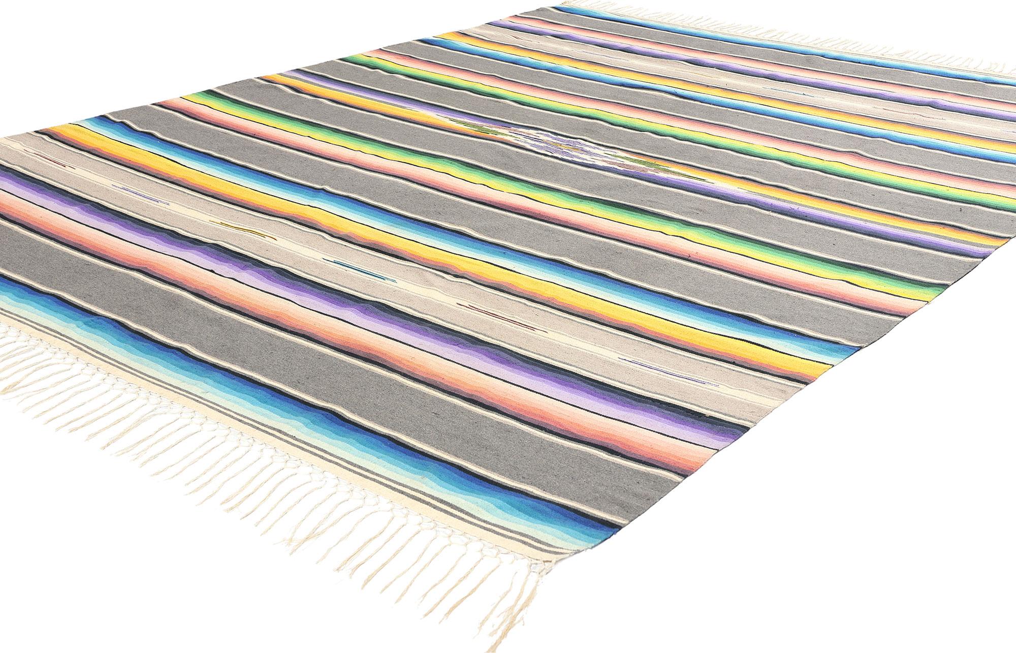 78787 Vintage Mexican Saltillo Serape Kilim Blanket, 05'08 x 07'09. Mexican Saltillo wool serape blankets are traditional textiles from the Saltillo region in Coahuila, Mexico, known for their vibrant colors and intricate patterns. Made primarily