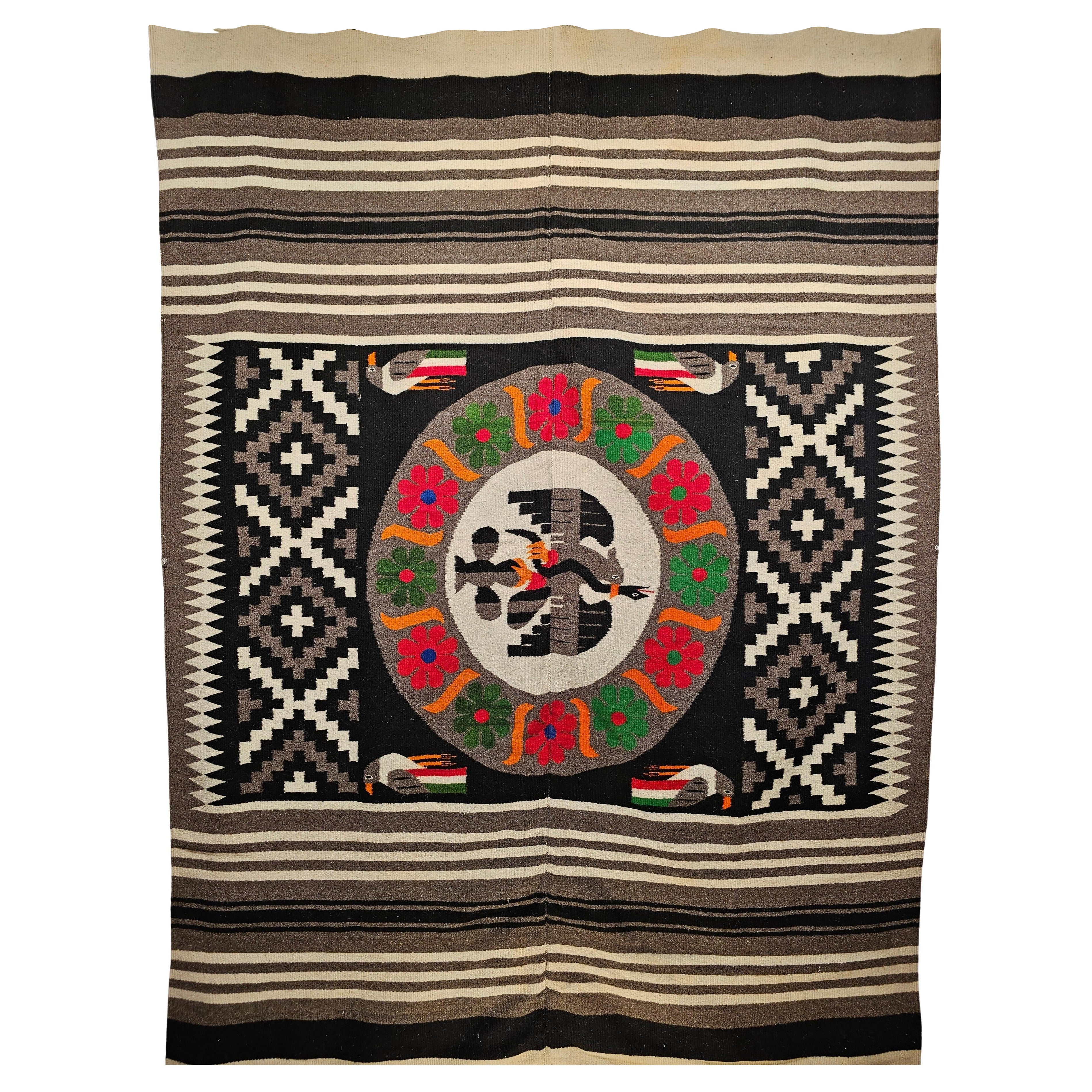 Vintage Mexican Serape Kilim Rug, Flat-Woven Medallion Bird Pattern, 5' x 7'