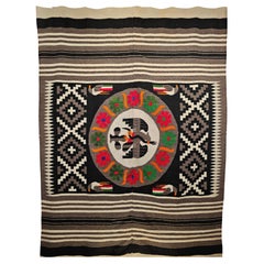 Vintage Mexican Serape Kilim Rug, Flat-Woven Medallion Bird Pattern, 5' x 7'
