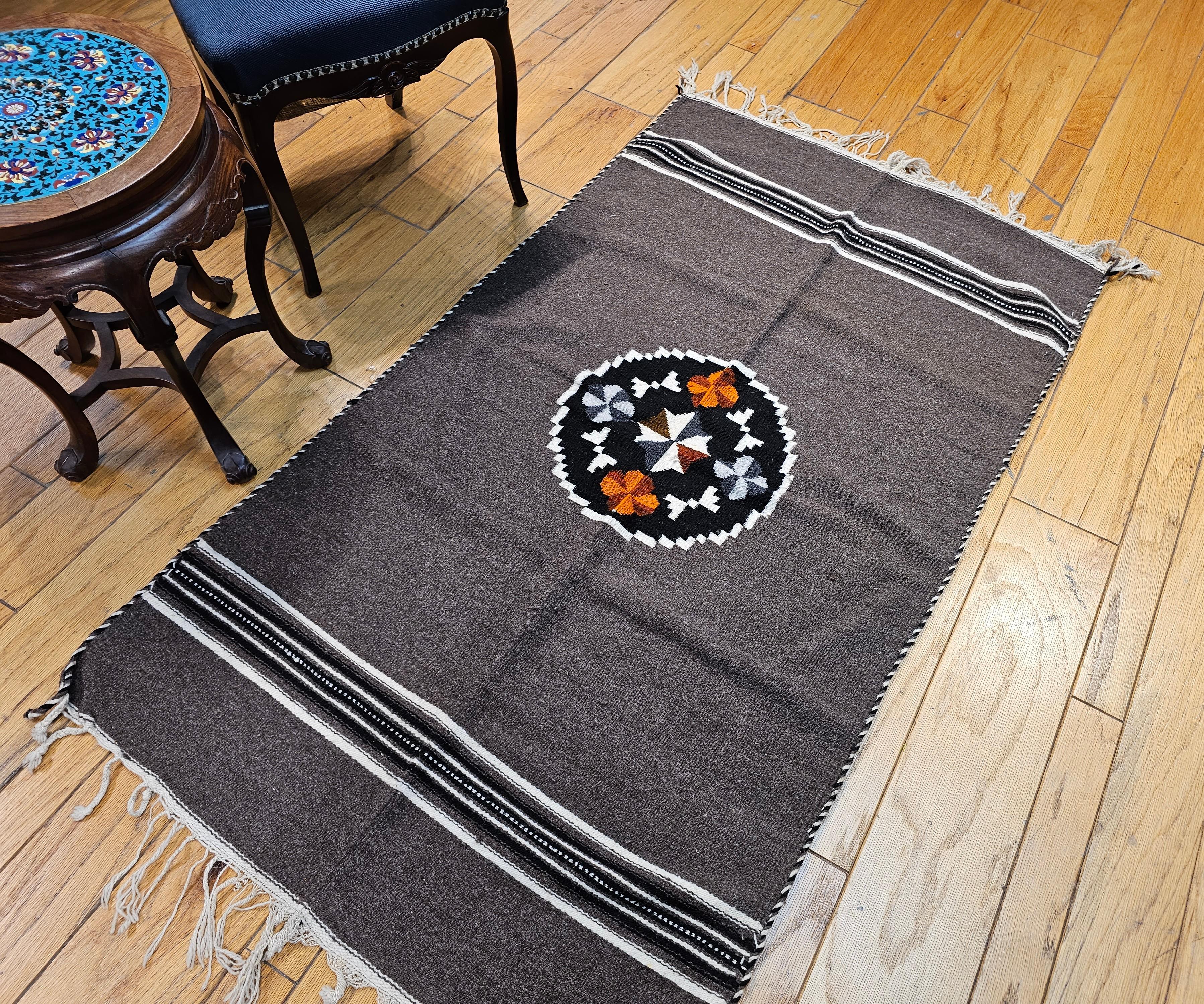 Vintage Mexican Serape Kilim Rug in Dark Gray/Chocolate Colors For Sale 1