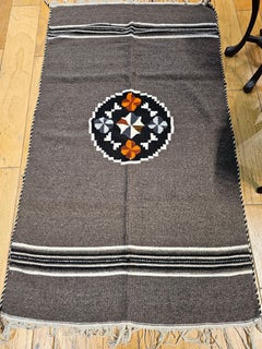 Vintage Mexican Serape Kilim Area Rug in Dark Gray, Ivory, Black
