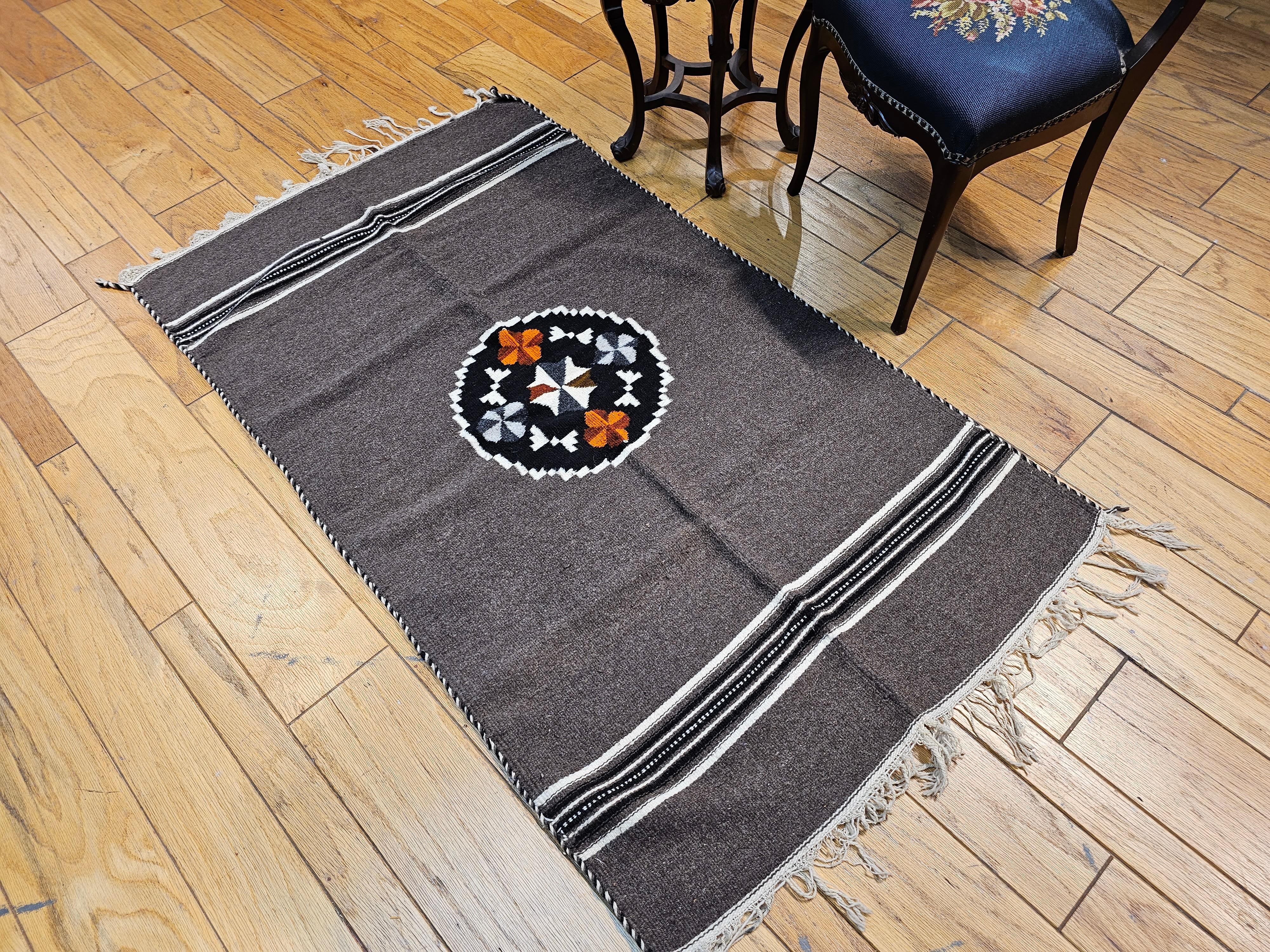 Vintage Mexican Serape Kilim Rug in Dark Gray/Chocolate Colors In Good Condition For Sale In Barrington, IL
