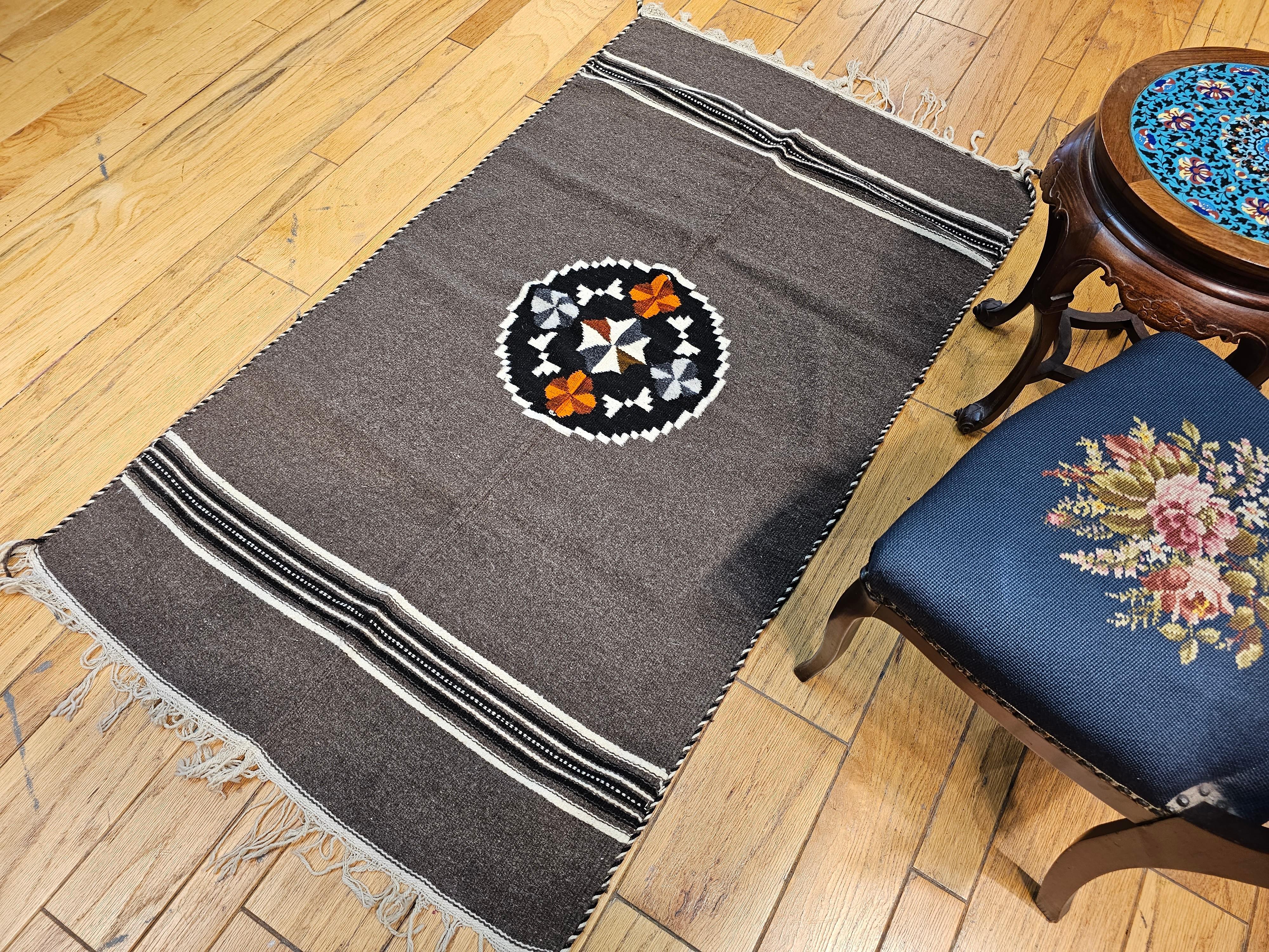 Hand-Woven Vintage Mexican Serape Kilim Rug in Dark Gray/Chocolate Colors For Sale