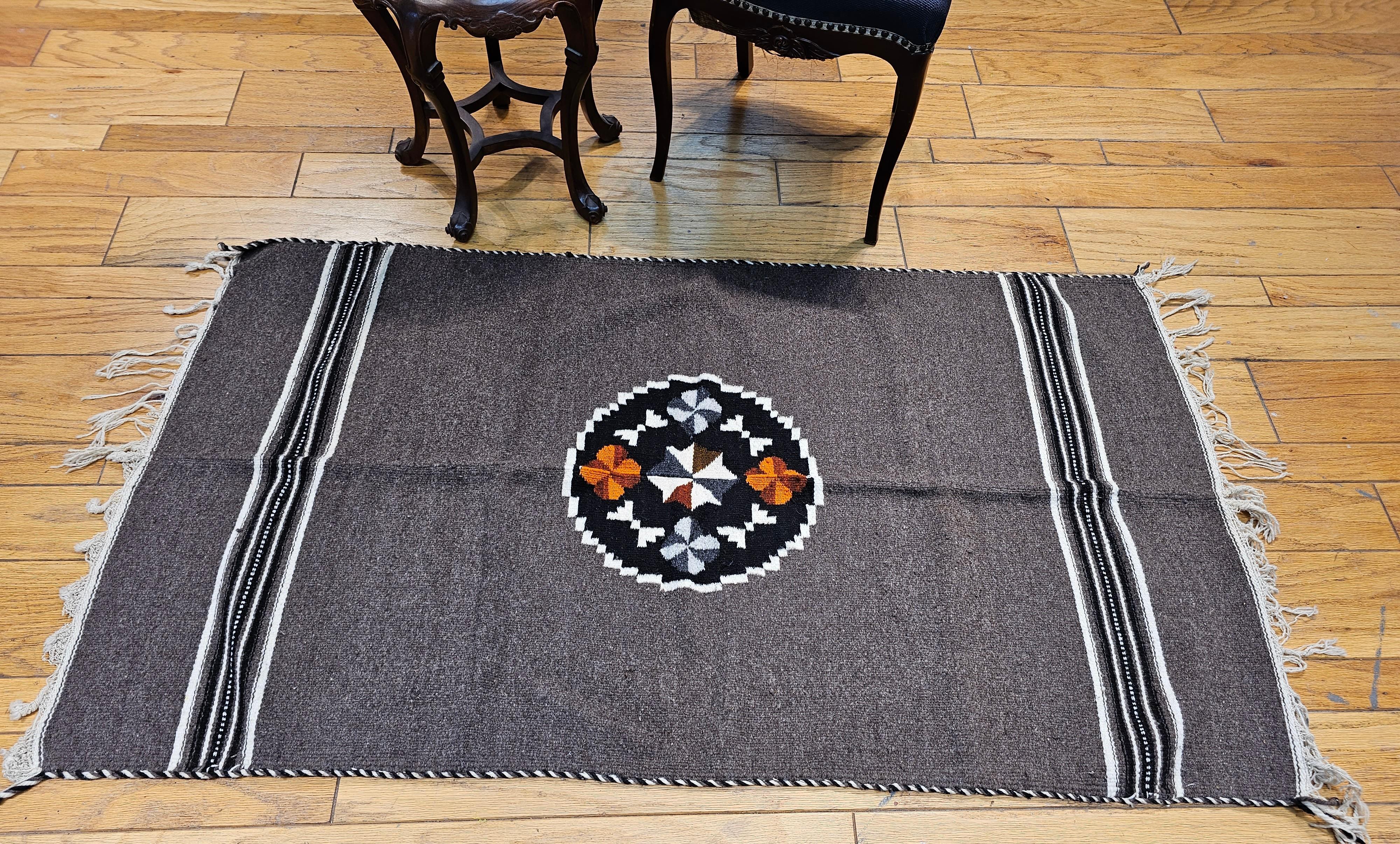 20th Century Vintage Mexican Serape Kilim Rug in Dark Gray/Chocolate Colors For Sale