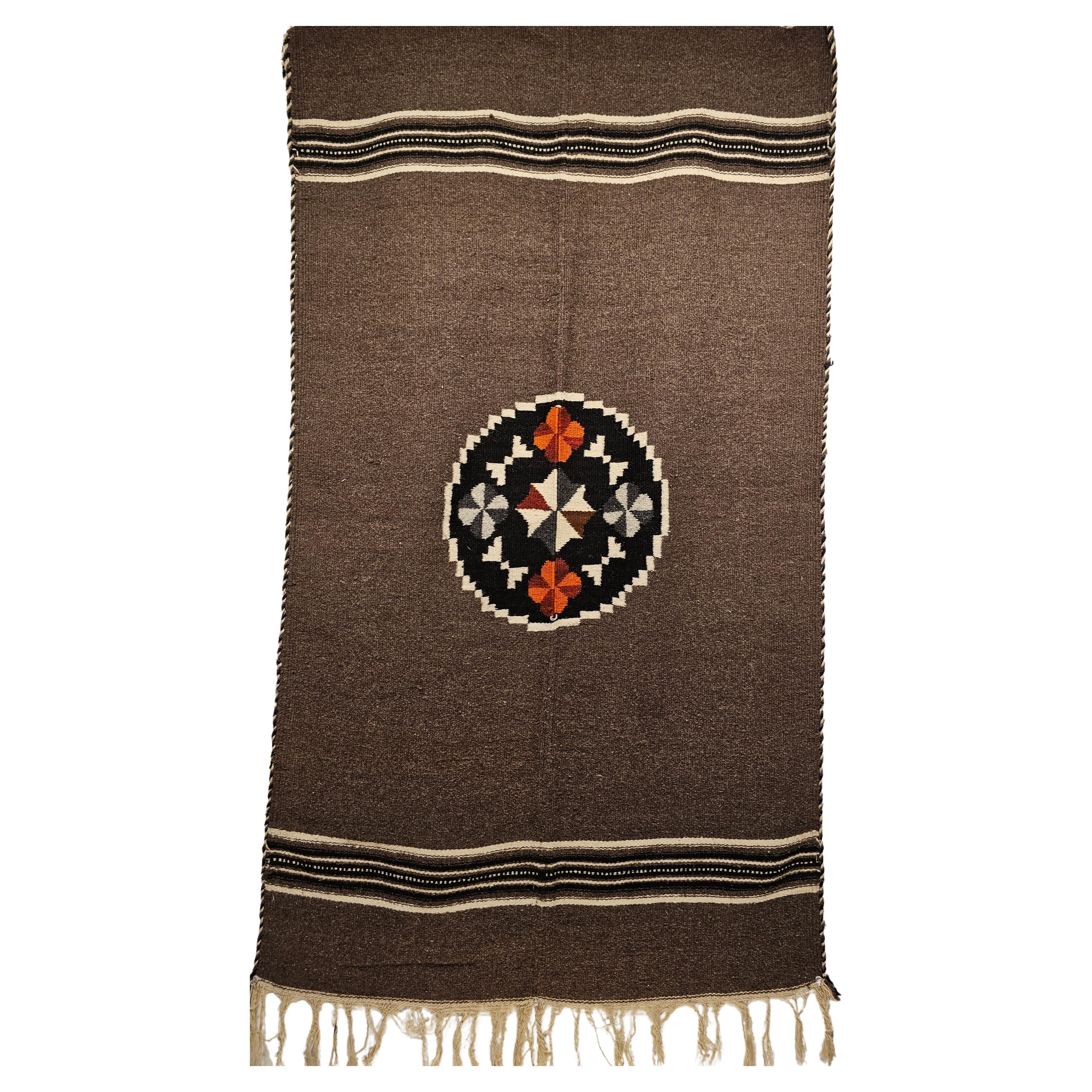 Vintage Mexican Serape Kilim Rug in Dark Gray/Chocolate Colors