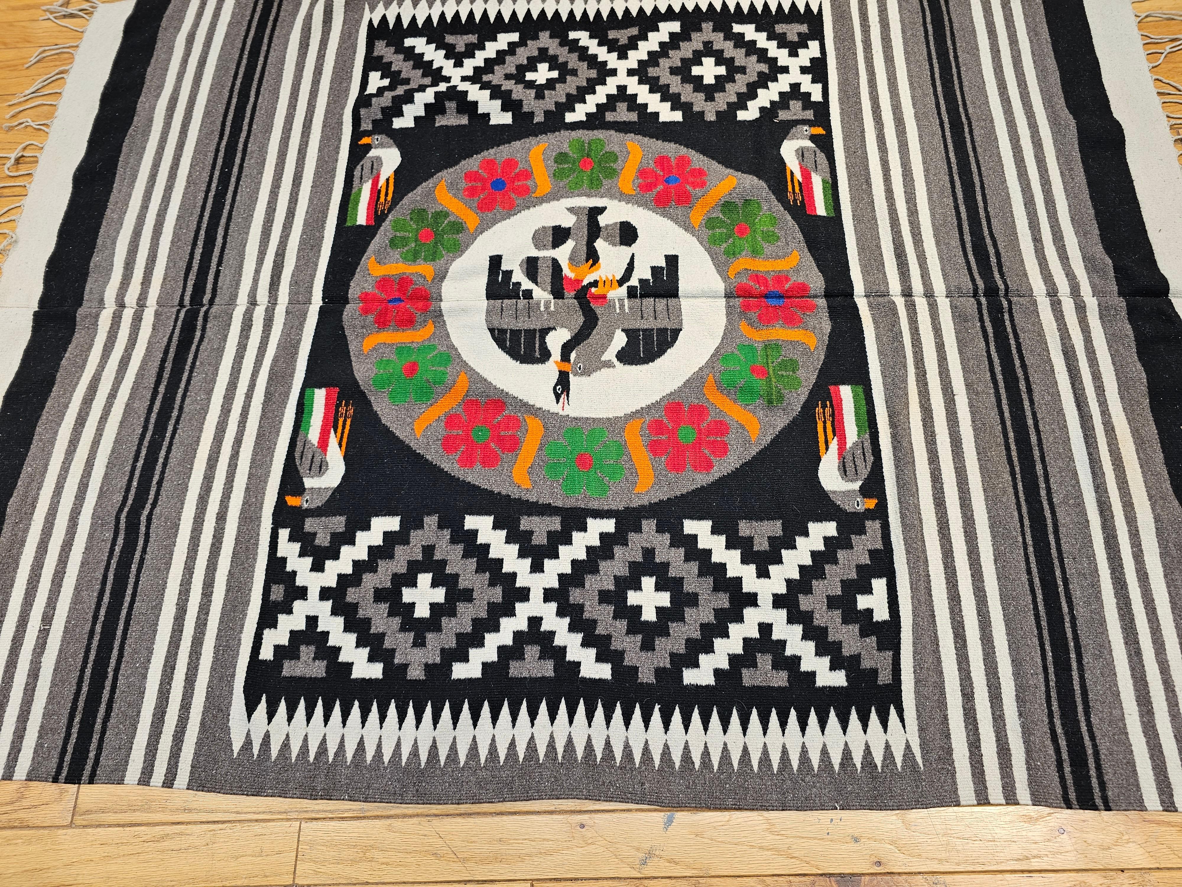 Vintage Mexican Serape Kilim Rug in Gray, Black and Ivory Colors For Sale 5