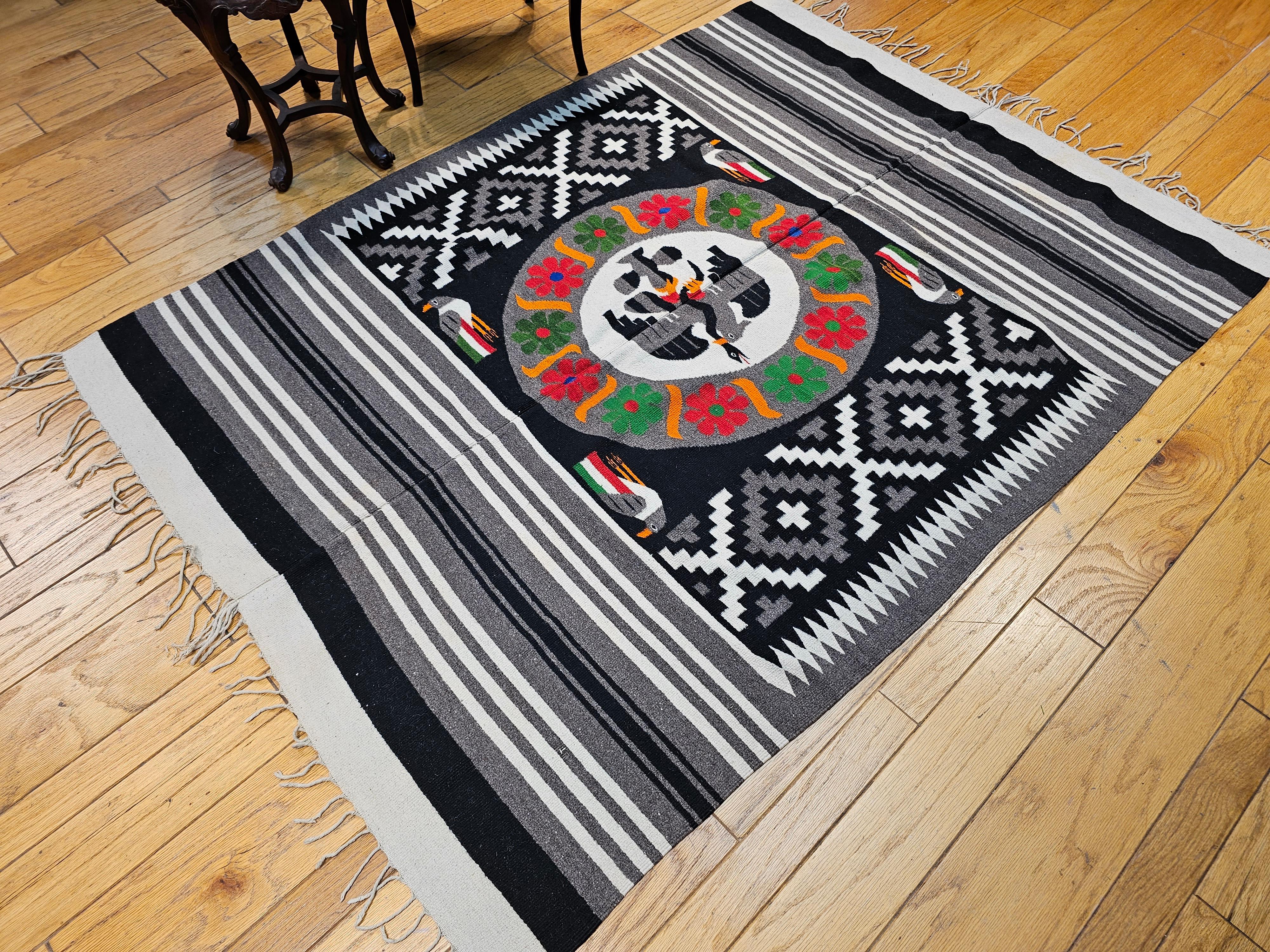 Vintage Mexican Serape Kilim Rug in Gray, Black and Ivory Colors For Sale 9