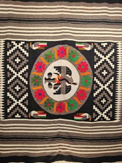 Vintage Mexican Serape Kilim Rug in Gray, Black and Ivory Colors