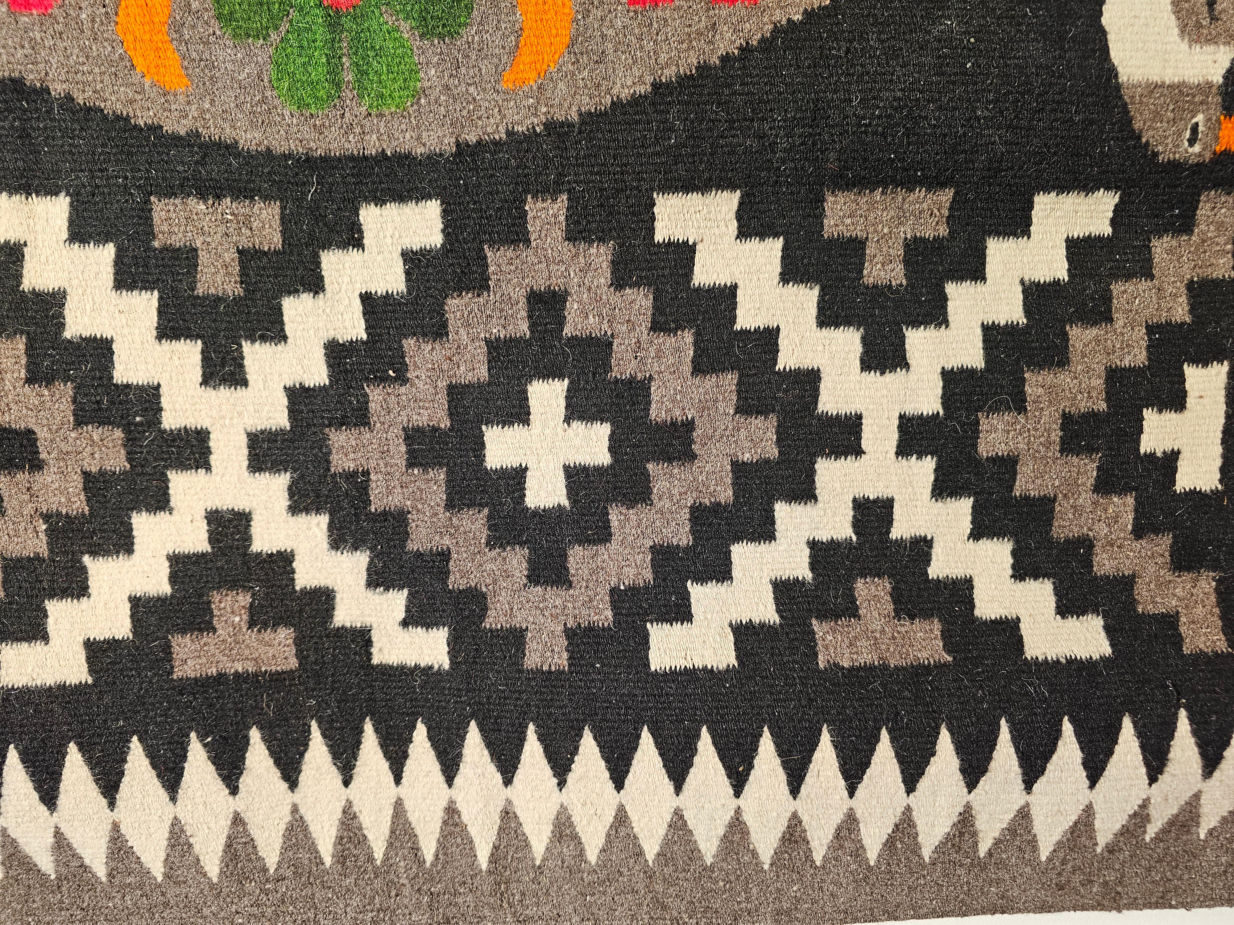 Wool Vintage Mexican Serape Kilim Rug in Gray, Black and Ivory Colors For Sale