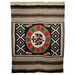 Used Mexican Serape Kilim Rug in Gray, Black and Ivory Colors