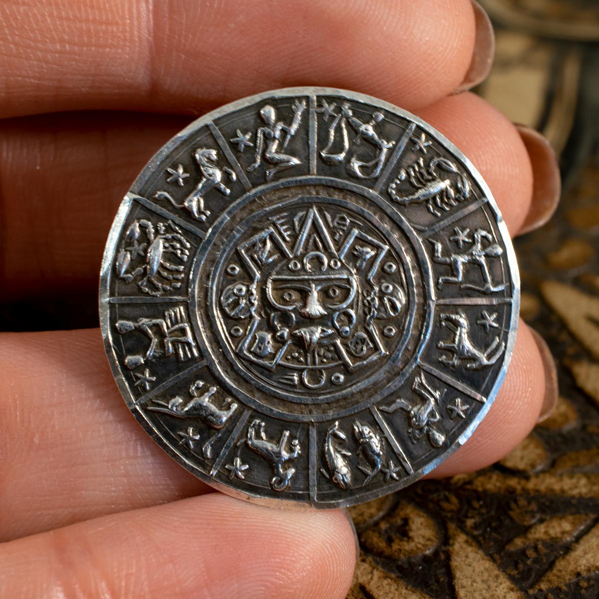 Women's or Men's Vintage Mexican Silver Detailed Zodiac Brooch and Pendant