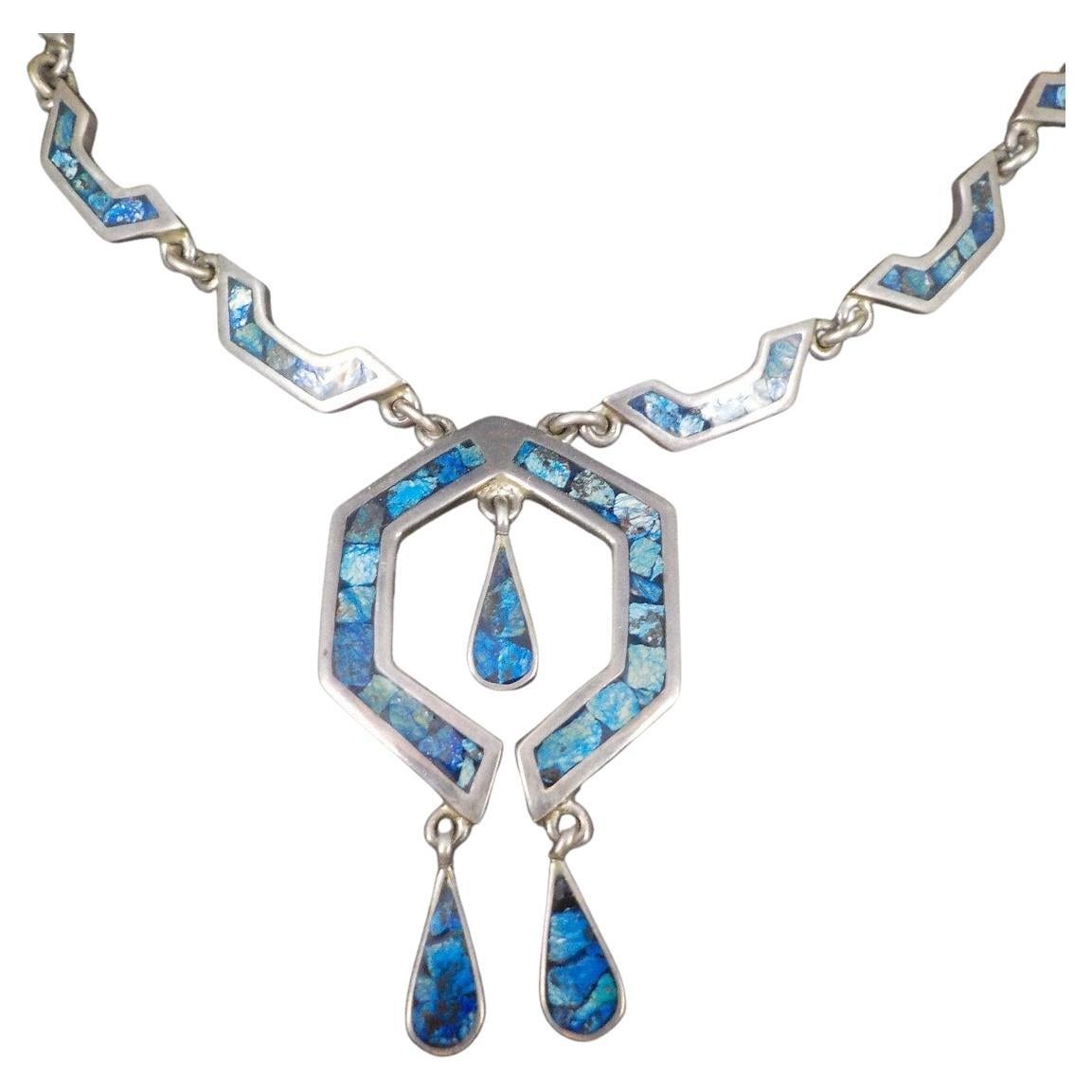 Mexikanische Vintage-Halskette aus Silber mit Sodalit-Intarsien im Angebot