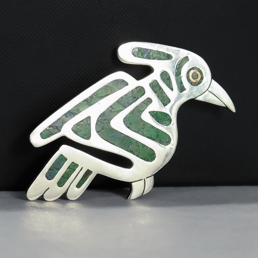 Mexikanische Vintage-Vogelbrosche aus Sterling und Kupfer, gemischten Metallen mit Azurit-Intarsien im Angebot 6