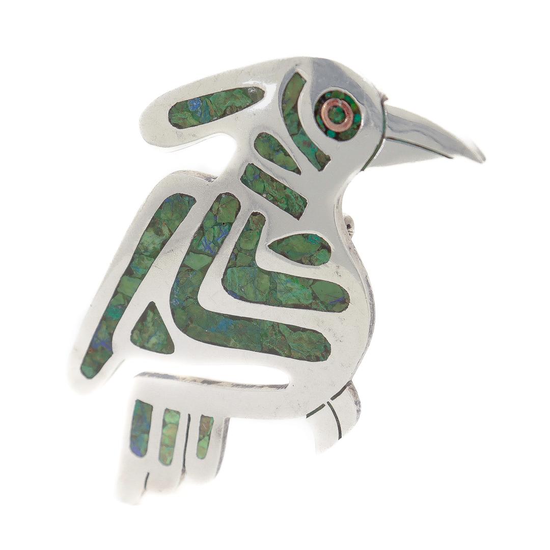 Modern Vintage Mexican Sterling & Copper Mixed Metals Bird Brooch with Azurite Inlay For Sale