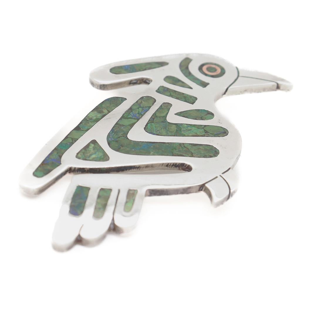Women's or Men's Vintage Mexican Sterling & Copper Mixed Metals Bird Brooch with Azurite Inlay For Sale