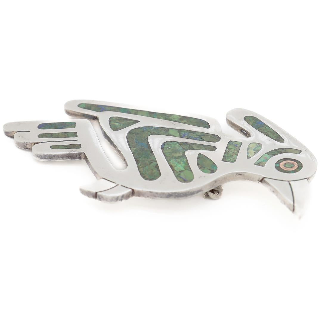 Vintage Mexican Sterling & Copper Mixed Metals Bird Brooch with Azurite Inlay For Sale 1