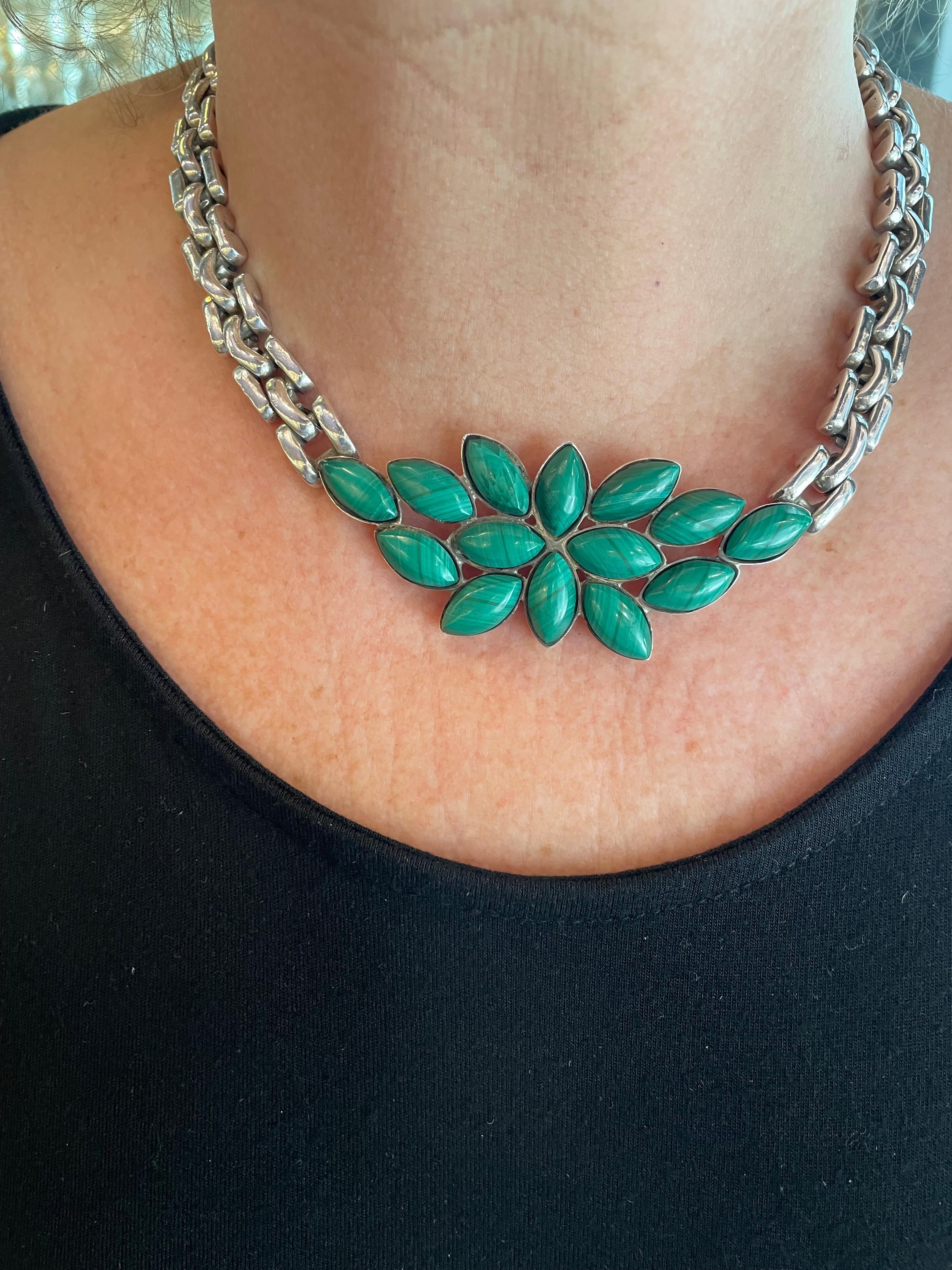 Oval Cut Vintage Mexican Sterling & Malachite Necklace
