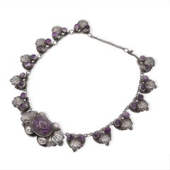 Vintage Mexican Sterling Silver & Amethyst Necklace, Brooch, and Bracelet Set