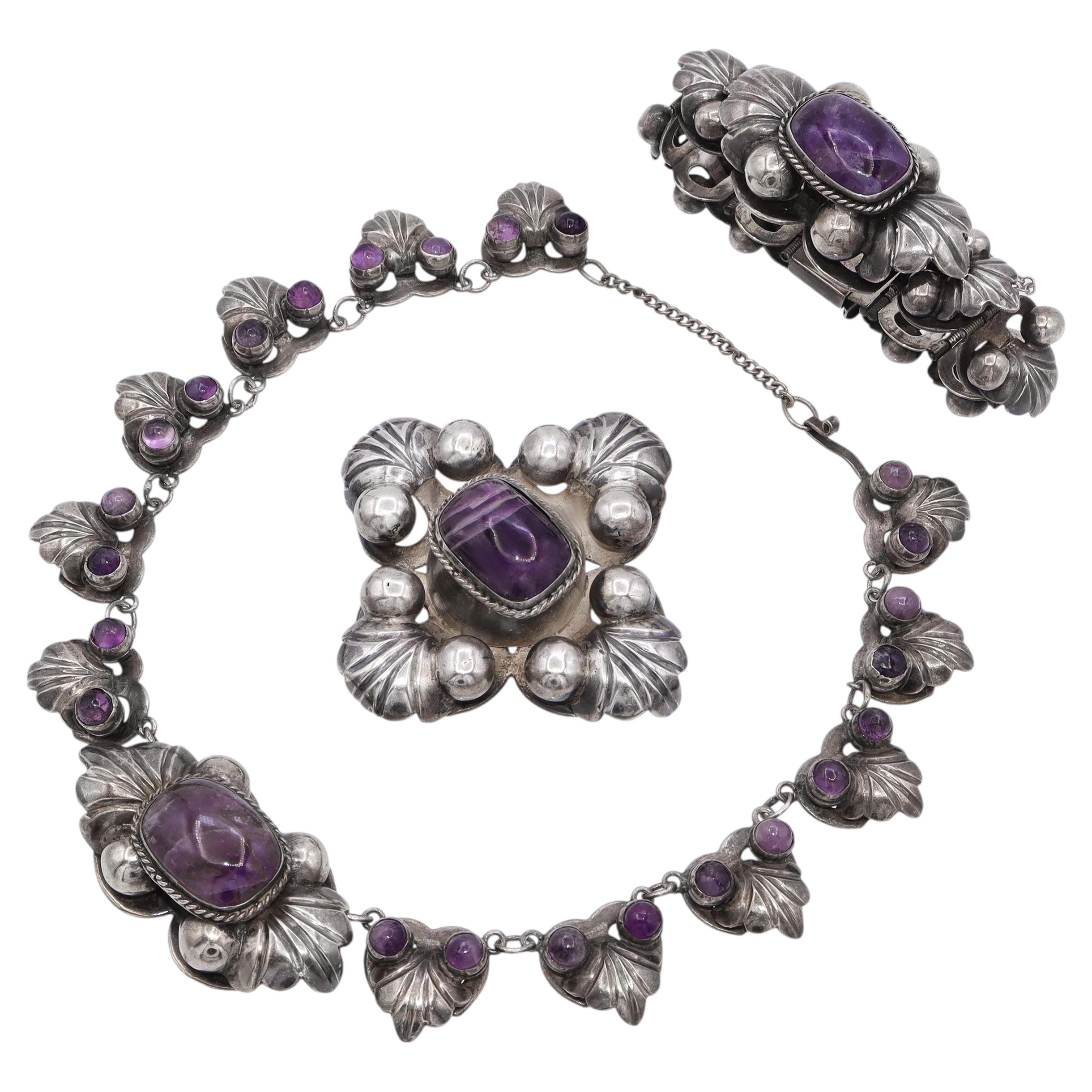 Vintage Mexican Sterling Silver & Amethyst Necklace, Brooch, and Bracelet Set