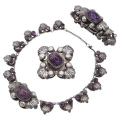 Vintage Mexican Sterling Silver & Amethyst Necklace, Brooch, and Bracelet Set