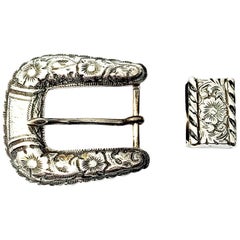 Vintage Mexican Sterling Silver Chased Belt Buckle and Keeper