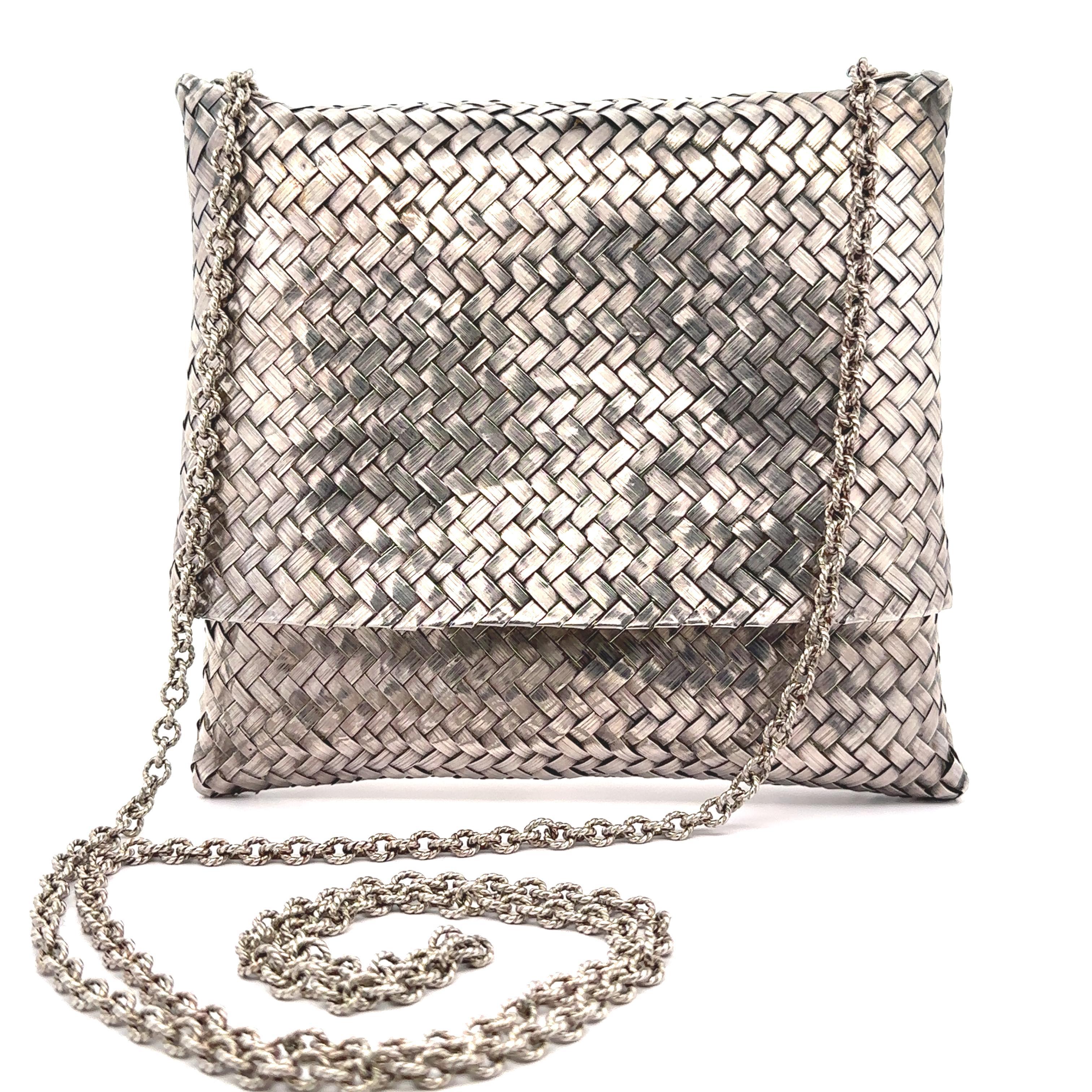 Borsellino d'epoca messicano in argento Sterling fatto a mano con intreccio a cesto e cinturino a strappo in vendita 4