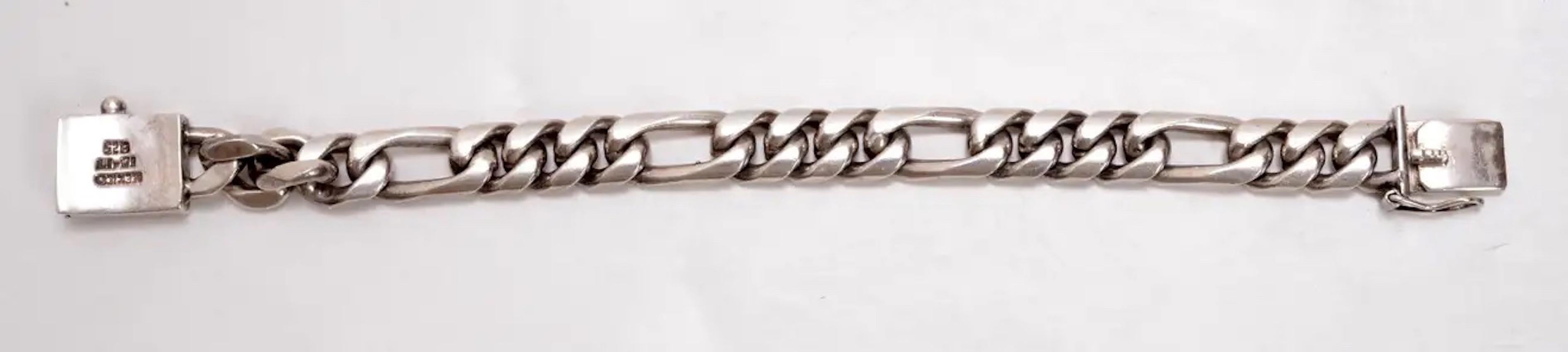Vintage Mexican Sterling Silver Heavy, Large Figaro Link Bracelet from Taxco In Good Condition For Sale In valatie, NY