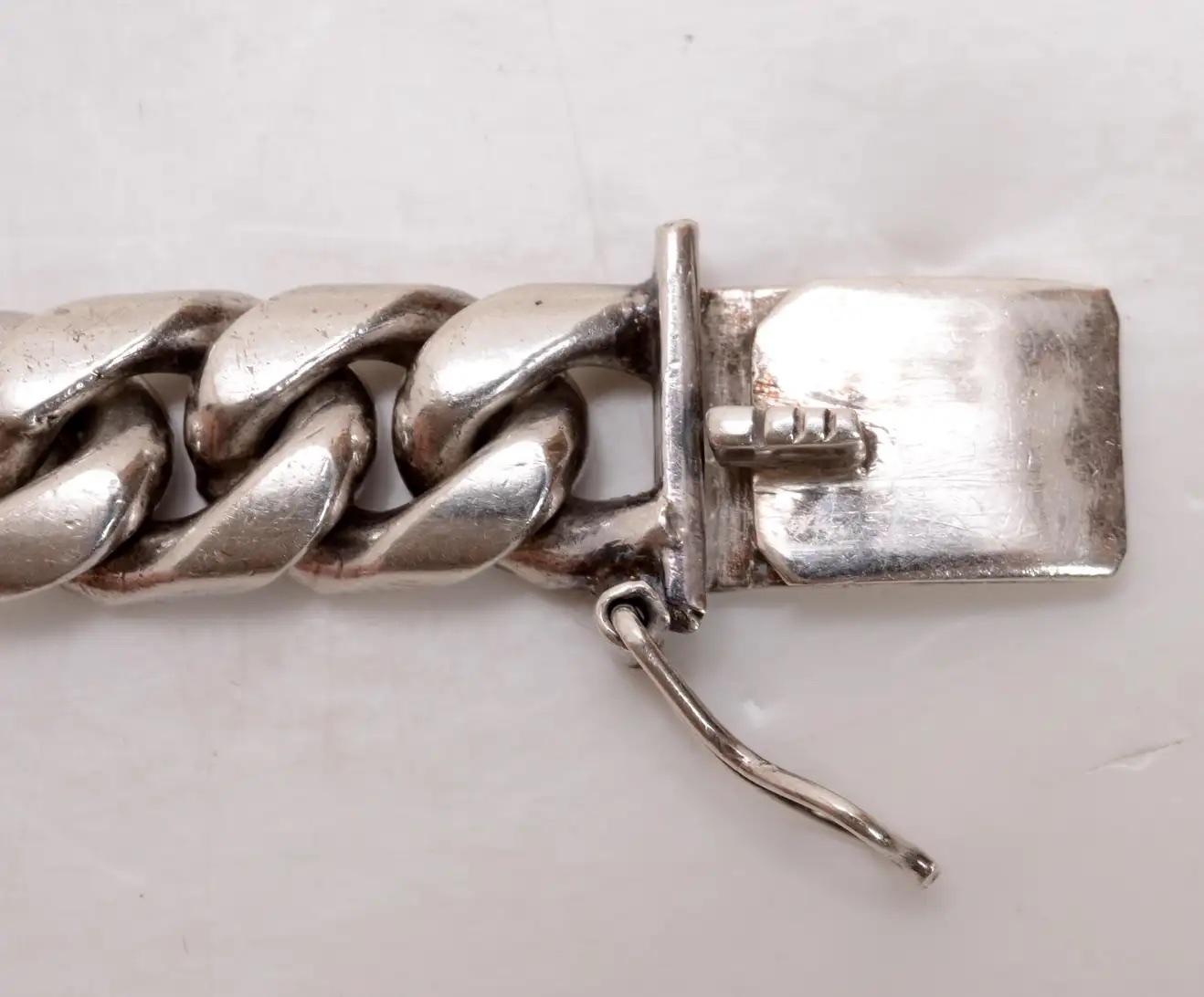 Women's or Men's Vintage Mexican Sterling Silver Heavy, Large Figaro Link Bracelet from Taxco For Sale