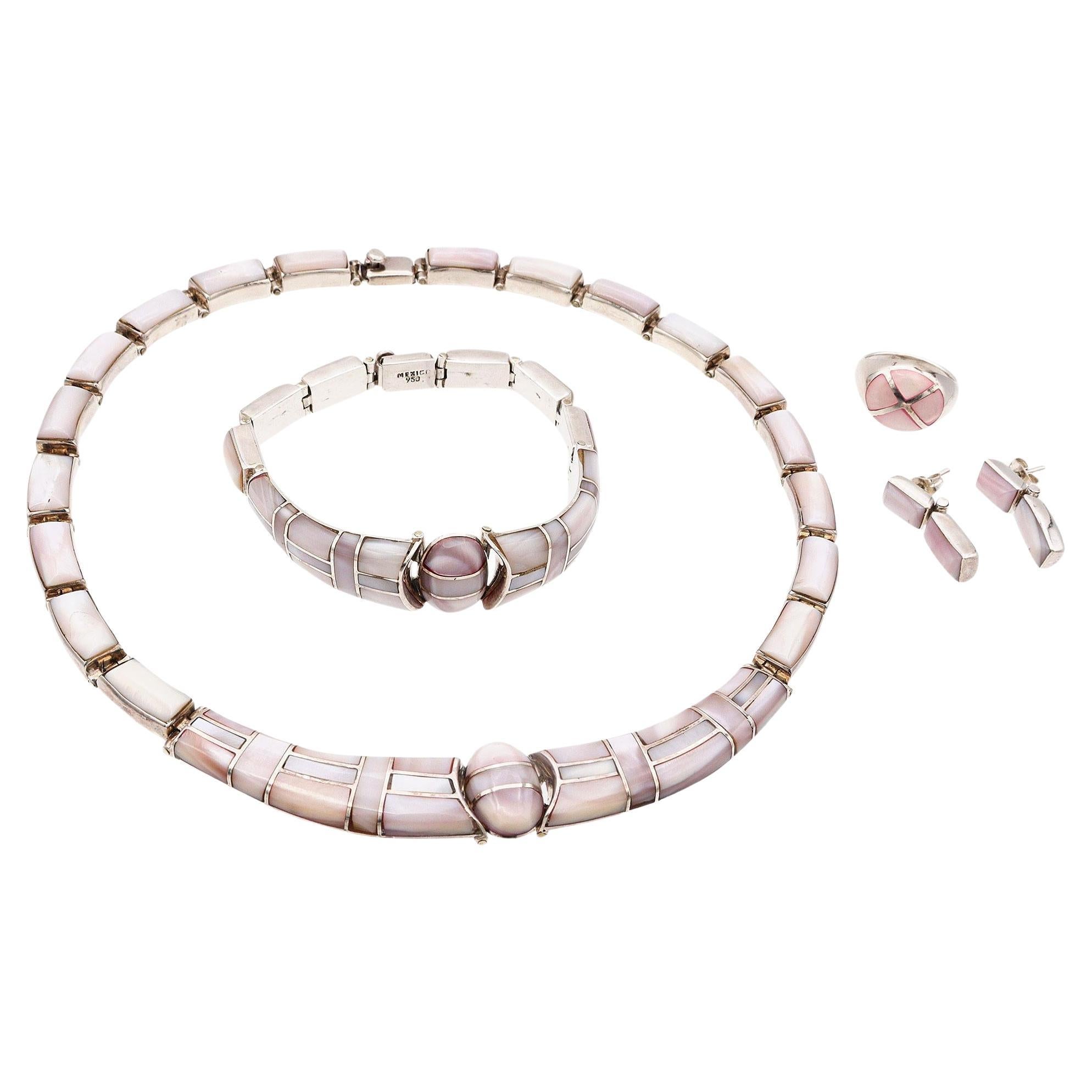 Vintage Mexican Sterling Silver Mother of Pearl Inlay Jewelry Set For Sale