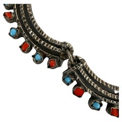 Vintage Mexican Sterling Silver Necklace with Turquoise & Red Stone Inlay – 17"