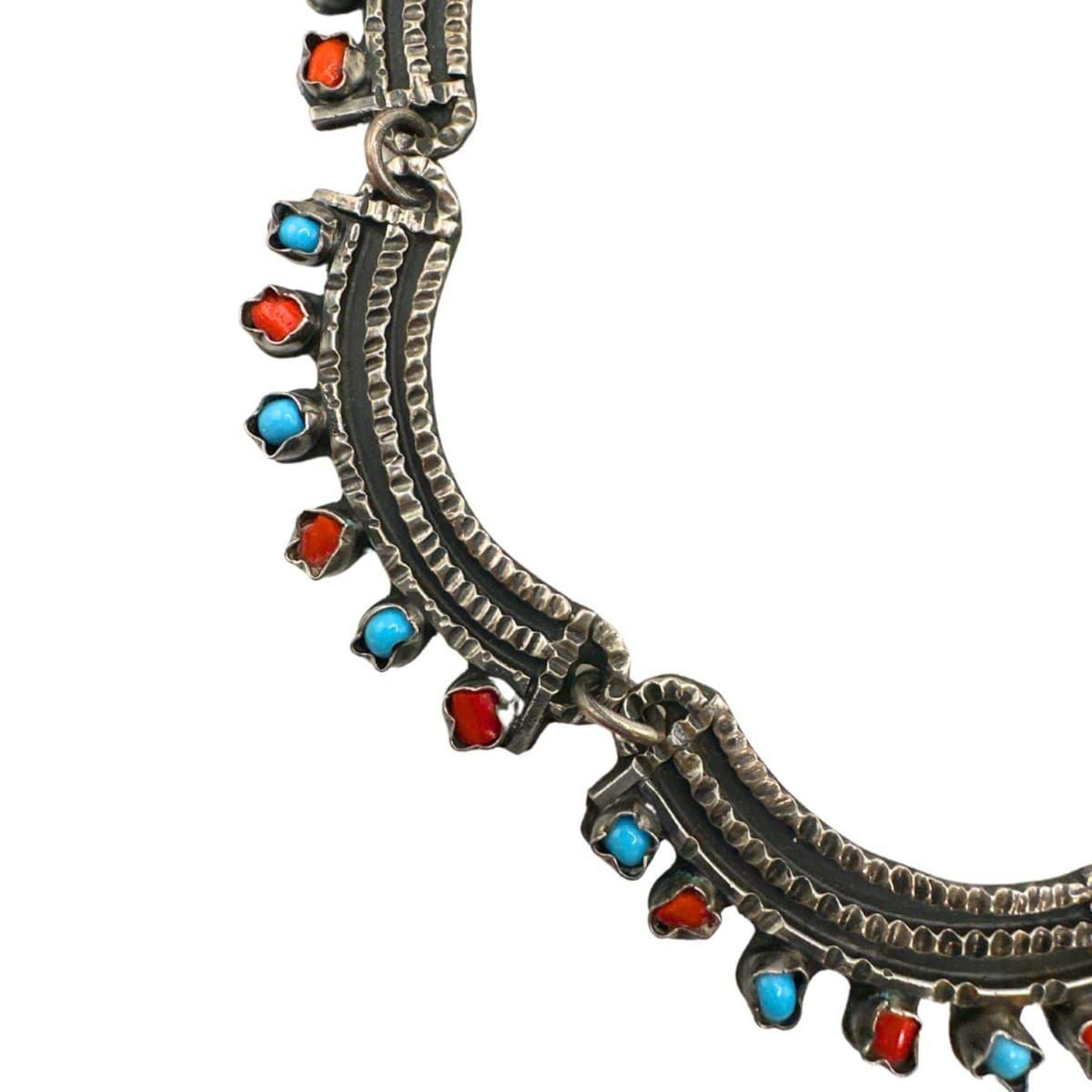 Perlina Collana messicana d'epoca in argento sterling con intarsio di turchesi e pietre rosse - 17