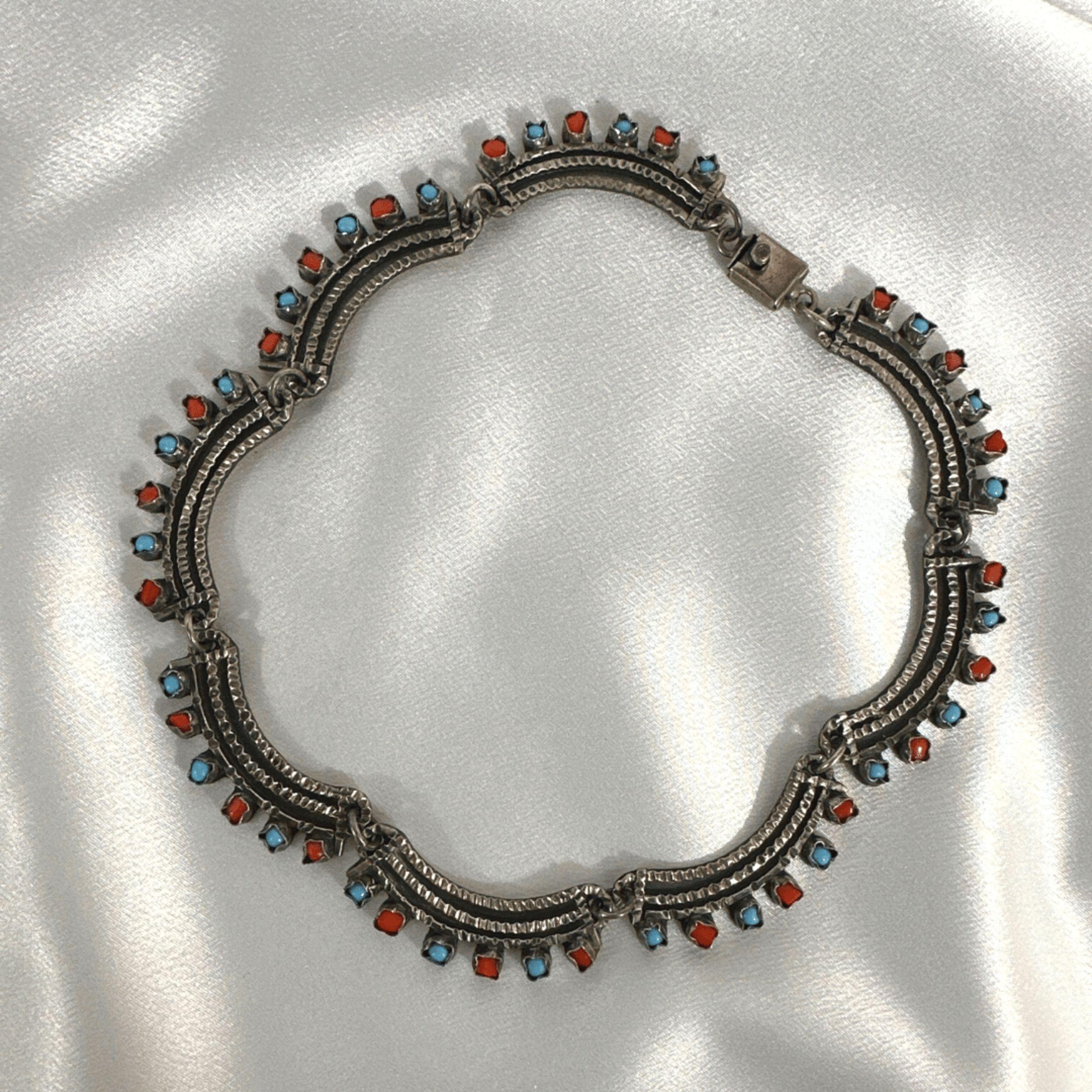 Collana messicana d'epoca in argento sterling con intarsio di turchesi e pietre rosse - 17