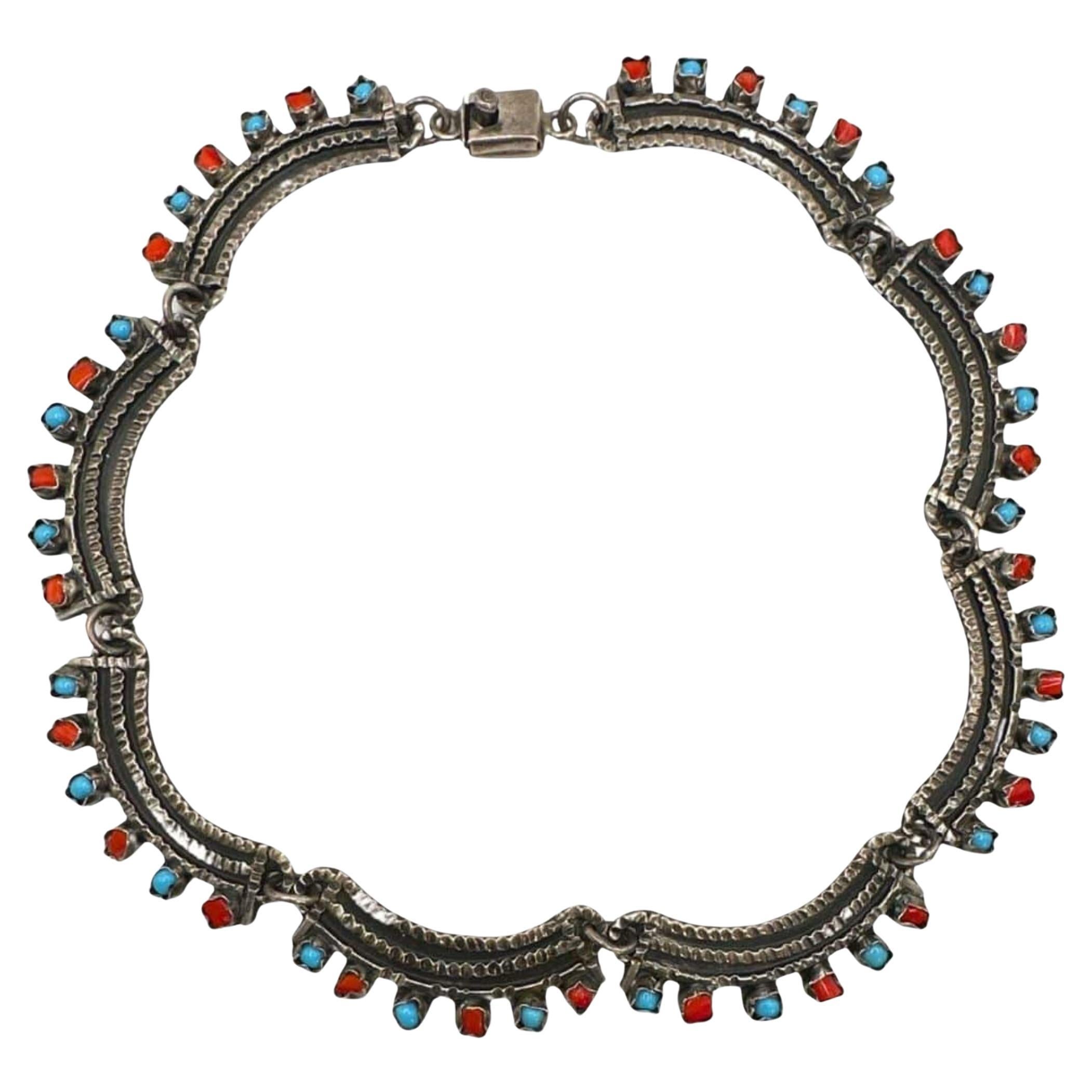 Vintage mexikanischen Sterling Silber Halskette mit Türkis & Red Stone Inlay - 17"