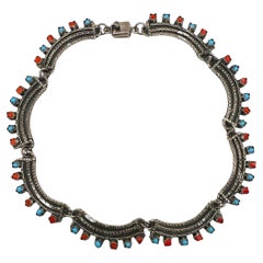 Vintage Mexican Sterling Silver Necklace with Turquoise & Red Stone Inlay – 17"