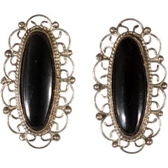 Vintage Mexican Sterling Silver Screw-Back Earrings with Black Onyx and Filigree